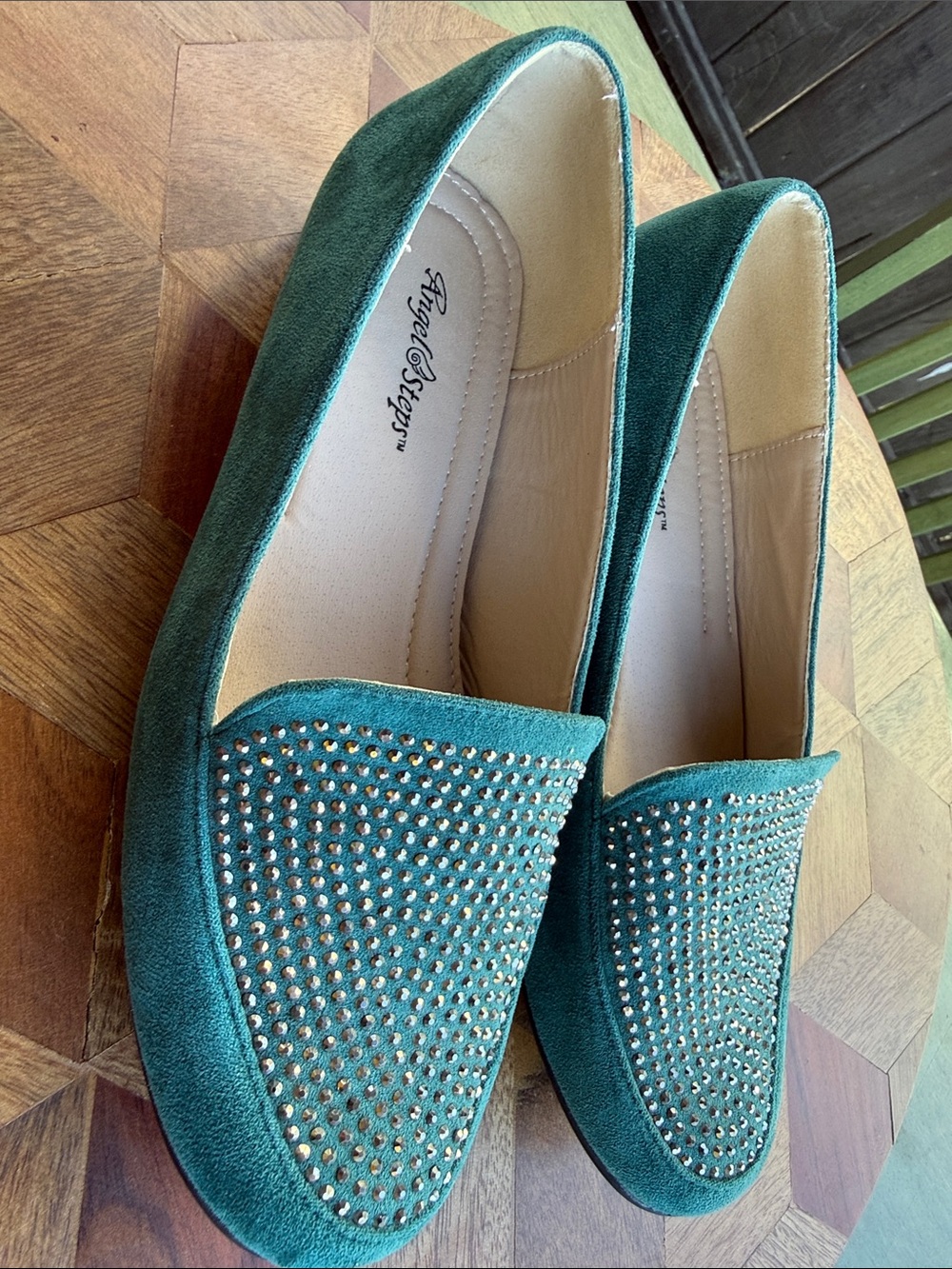Angel Steps Teal Suede Rhinestone Embellished Loafers Flats 7.5W